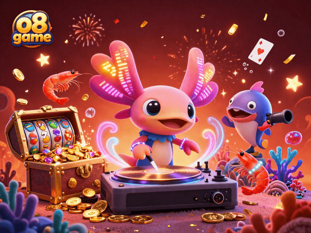 Join the excitement of the o8 game with a vibrant underwater casino spectacle featuring neon characters.