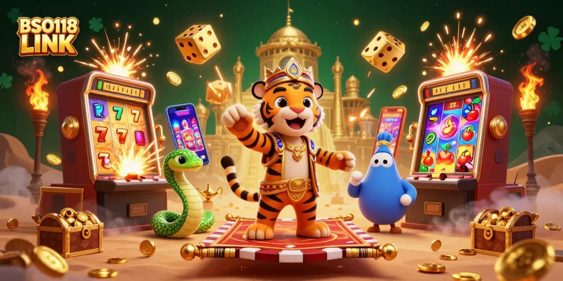 Experience the thrill of casino games with BSO118 LINK in a vibrant 3D casino scene bursting with excitement.