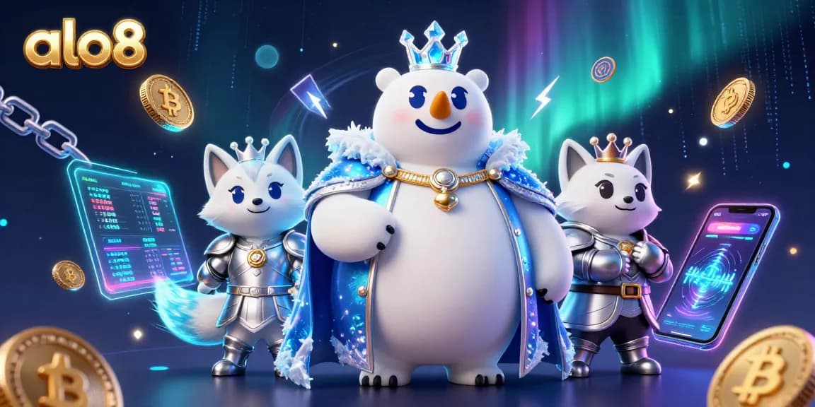 Engage in thrilling gameplay at alo8 with the dazzling 3D casino scene featuring crypto elements and characters.