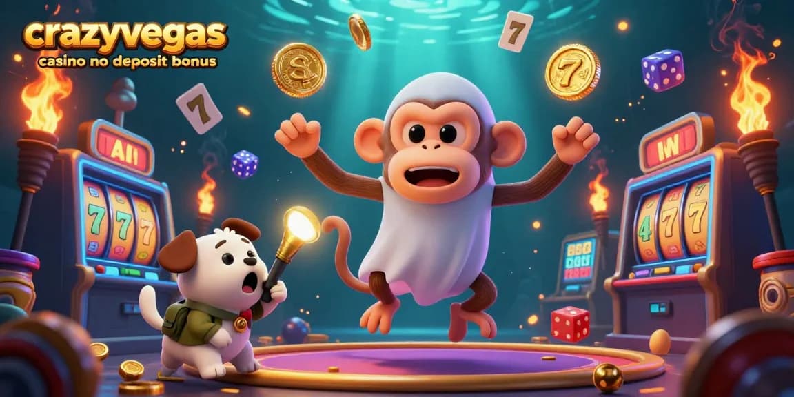 Experience thrilling gameplay with crazyvegas casino no deposit bonus featuring a poltergeist monkey and ghost-hunter puppy in a vibrant casino.