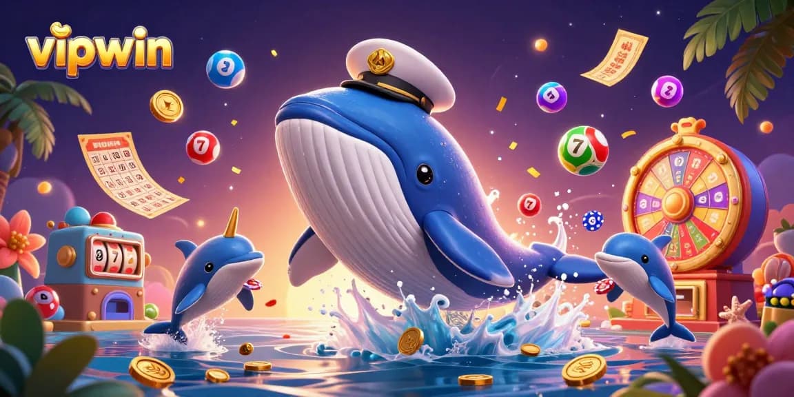 Experience thrilling jackpot challenges with vipwin, featuring a whale and playful dolphins amidst casino elements.