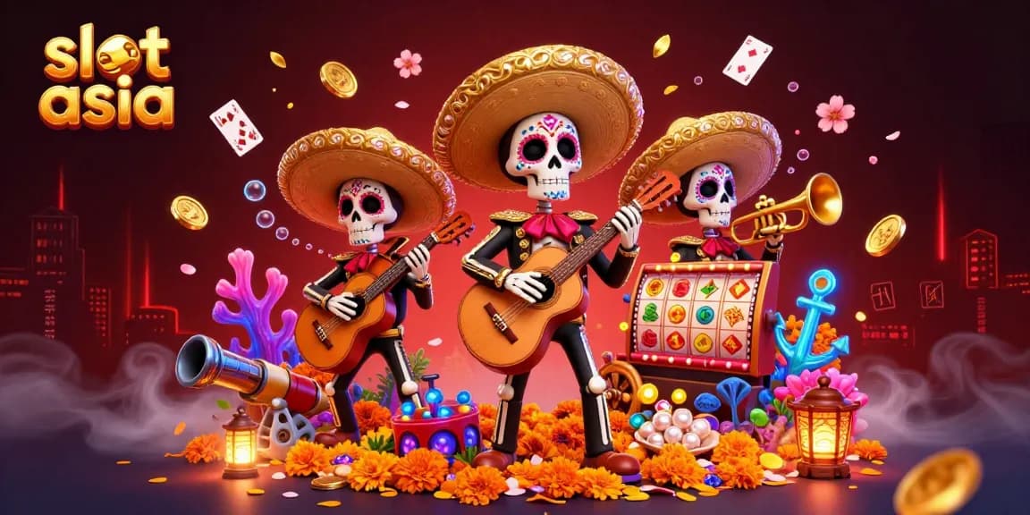 Spin the reels at slot asia with a vibrant skeleton mariachi band amidst a treasure trove!
