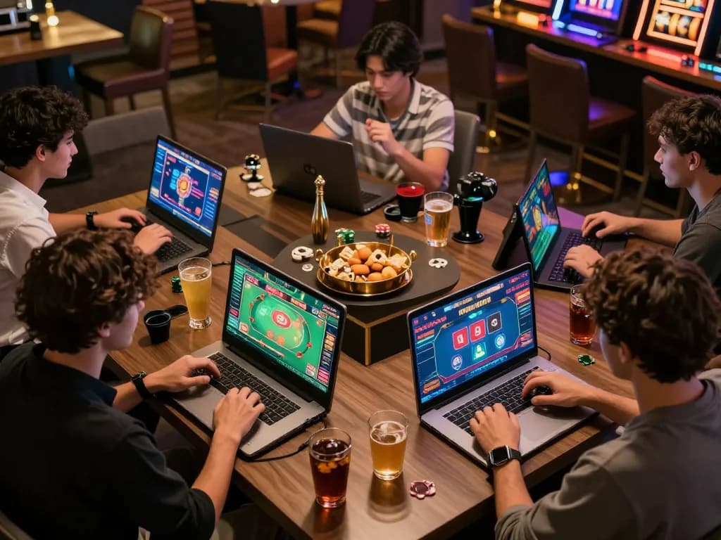 J188 players engaging in exciting online casino games, celebrating wins on vibrant screens.