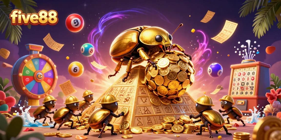 Win big at five88 as golden beetles roll coins through a vibrant casino pyramid scene.