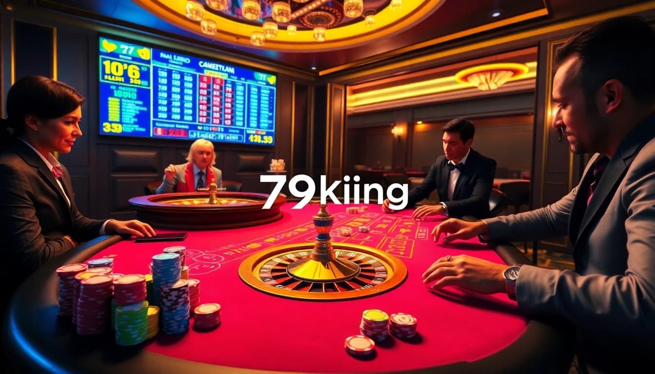 Engaged players placing bets at a 79king casino table, enjoying a thrilling blackjack match.