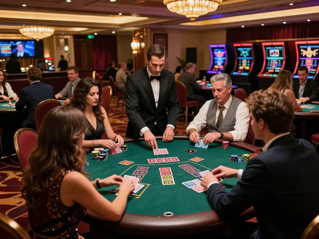 Players engaging in a thrilling blackjack game at 789bet casino table, showcasing strategic gameplay.