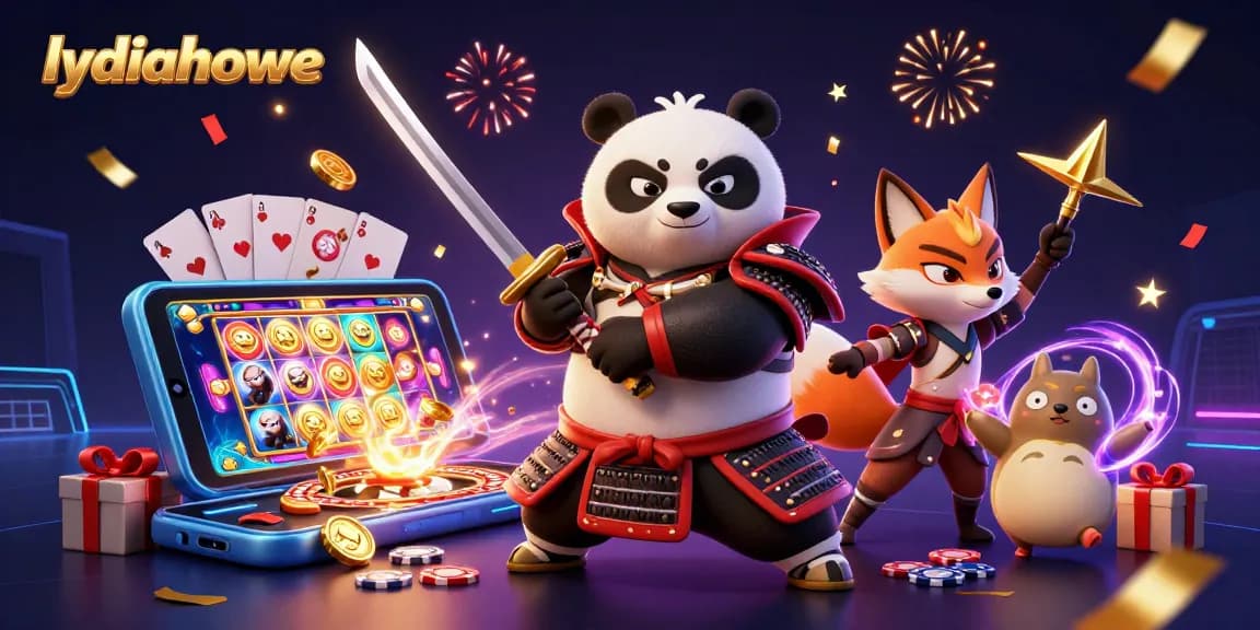 Engage in thrilling gameplay with lydiahowe, featuring a panda samurai and ninja fox in a vibrant casino scene.