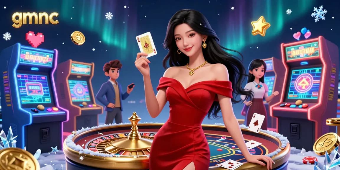Engage with gmnc's vibrant casino world, a stunning portrait of a confident dealer in an elegant gown.