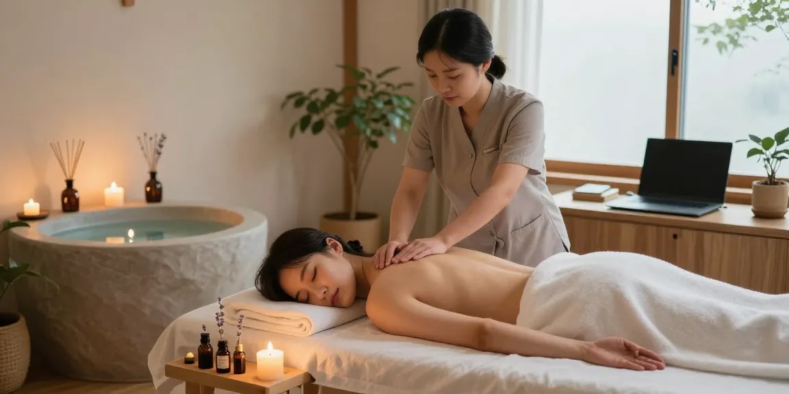 Experience a soothing 김포출장마사지 in a serene wellness retreat setting, with soft lighting and calming elements.