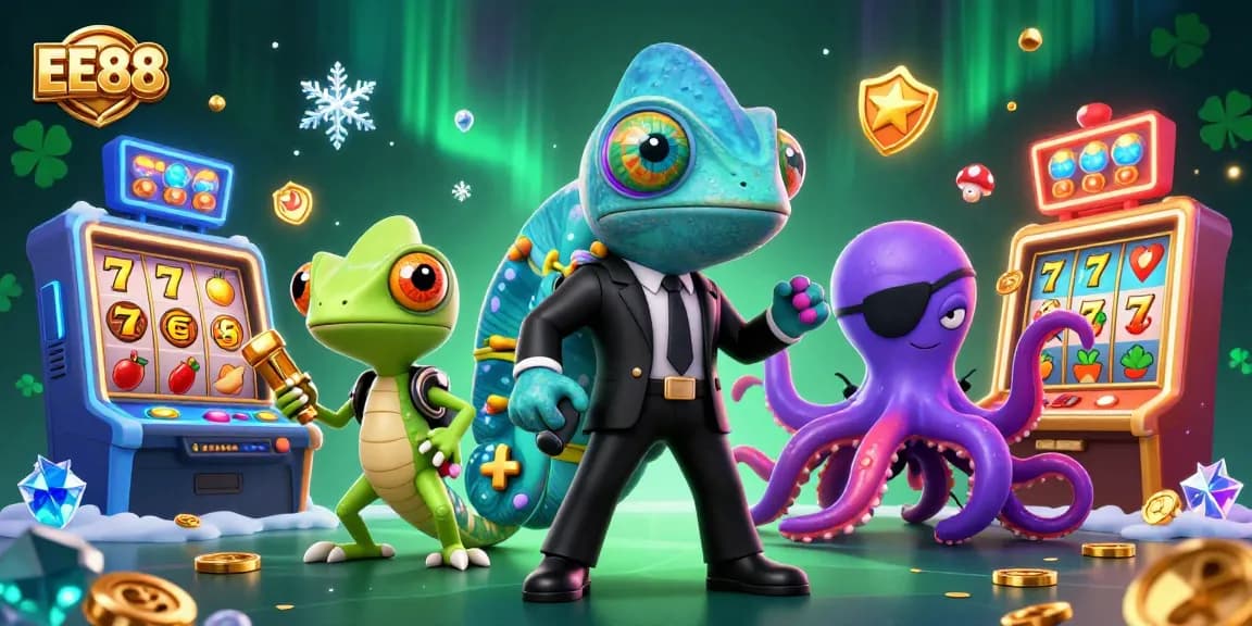 Experience thrilling play at EE88 with a vibrant 3D casino scene featuring colorful slot reels and engaging characters.