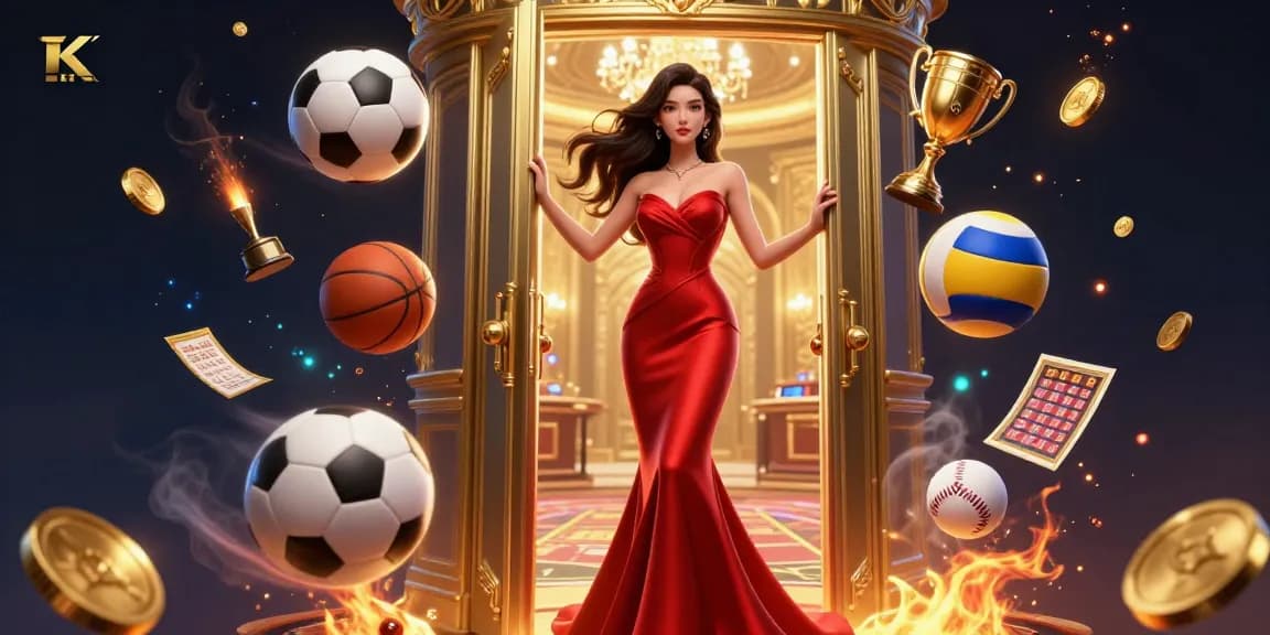 KUBET offers a thrilling VIP casino experience with a stunning Asian woman in elegant attire amidst dynamic sports elements.