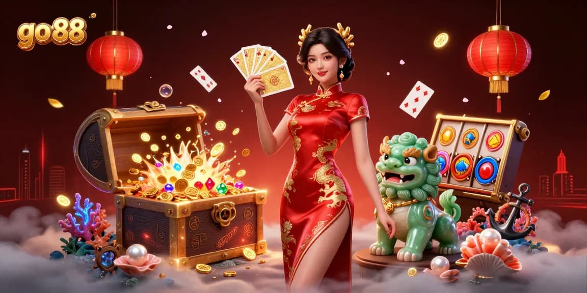 Win big with go 88 in a vibrant casino scene featuring playing cards and gold coins.