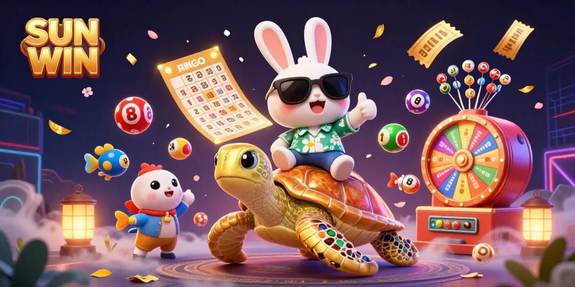 Join the excitement at SUN WIN with a lively scene featuring lucky characters and vibrant gambling elements.