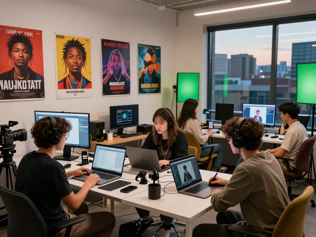 AI porn production team collaborating in a creative studio environment, highlighting innovative technology and artistic expression.