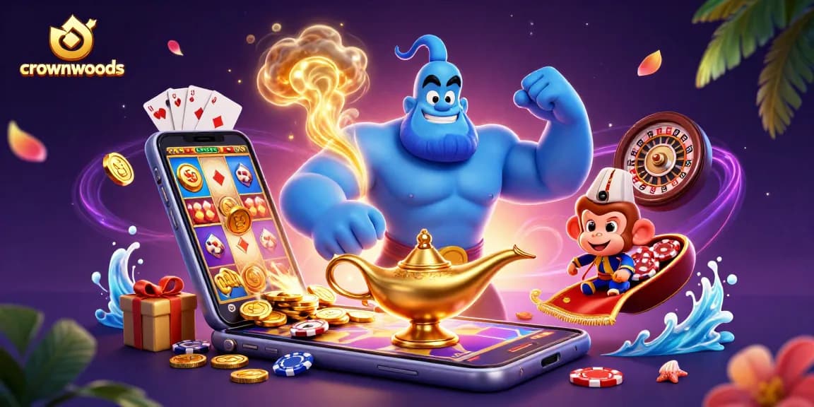 Experience thrilling gameplay at crownwoods with a genie, monkey, and magical casino elements.