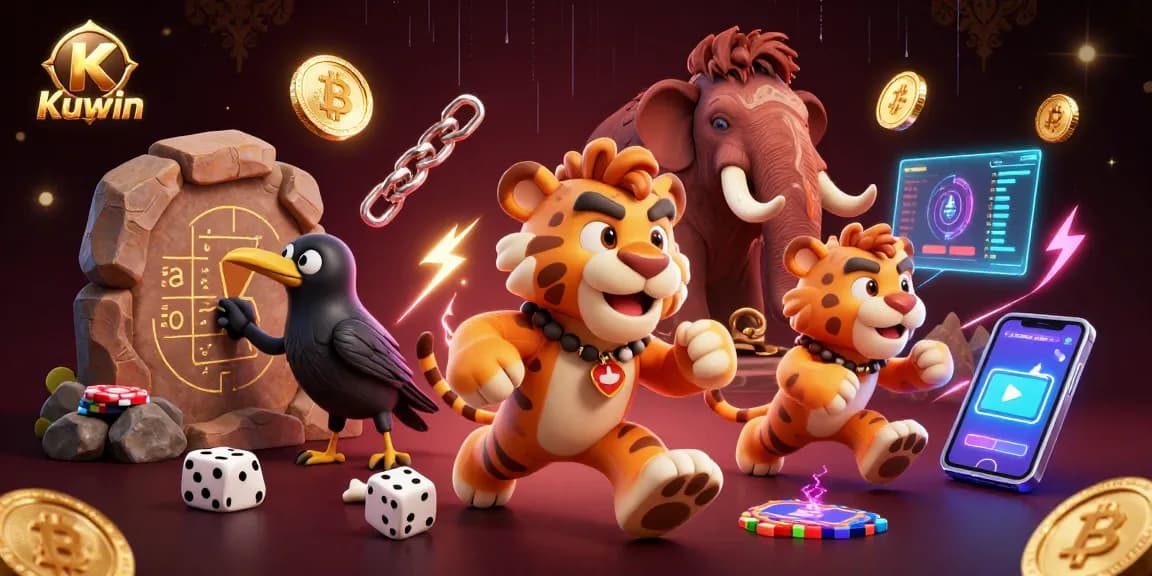 Experience the thrill of Kuwin with a cartoon caveman and sabertooth duo in a dynamic casino scene.