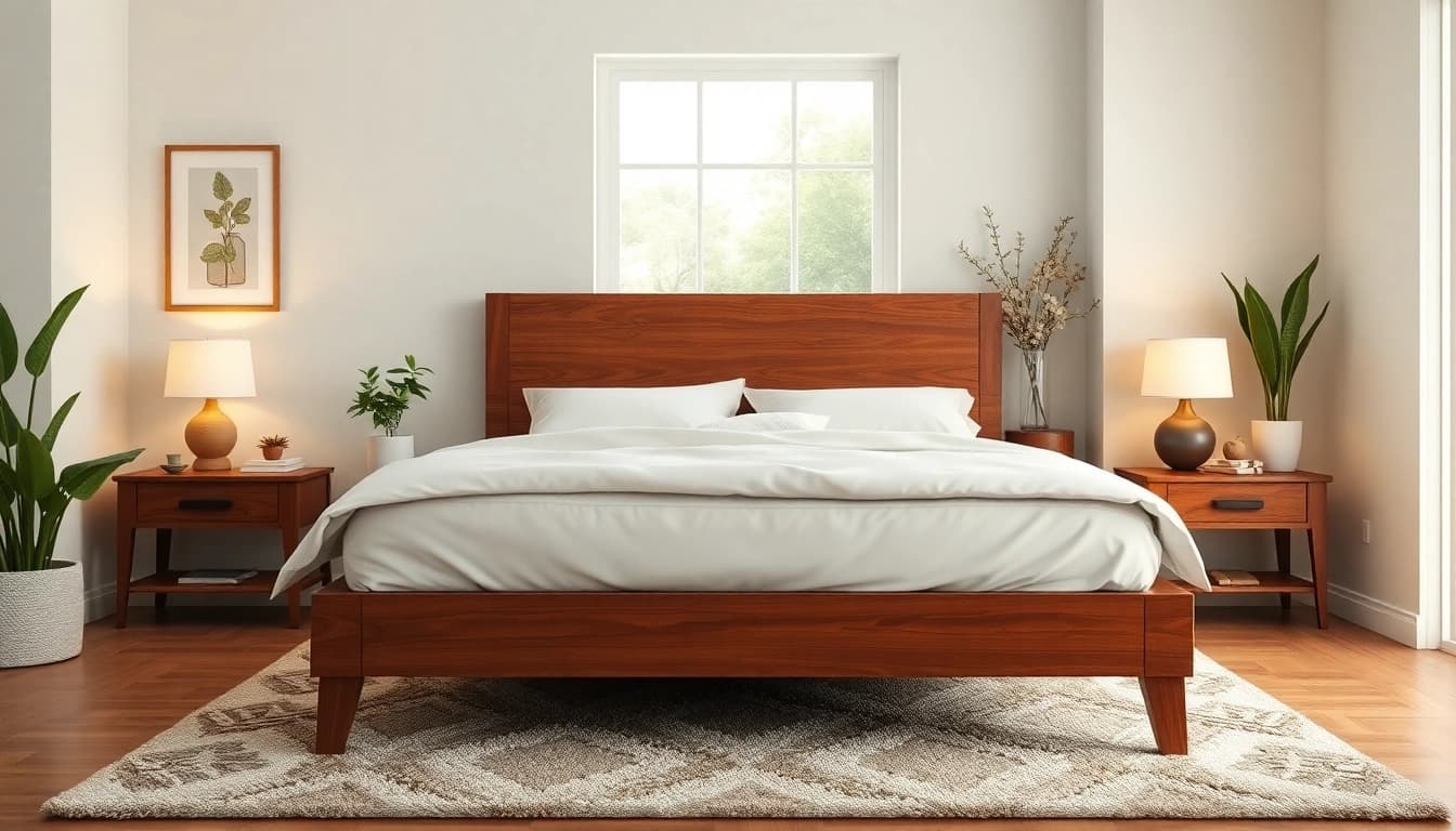 Elegant queen bed frame set in a modern bedroom inviting relaxation and comfort.