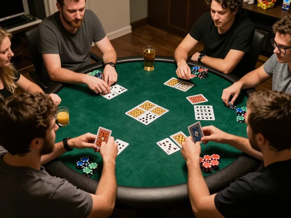 Friends enjoying an exciting poker night at home while strategizing their bets on fb88 platform