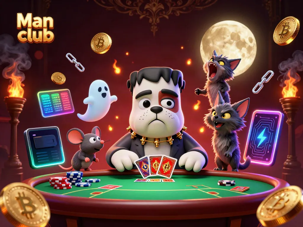 Engaging Man club scene with cartoon characters in a lively poker atmosphere filled with digital coins and glowing effects.