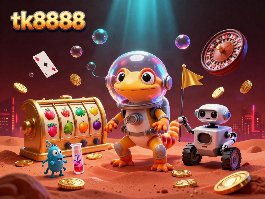 Experience thrilling gameplay at tk8888 with a vibrant Martian casino scene featuring golden slot reels and cheerful alien bacteria.