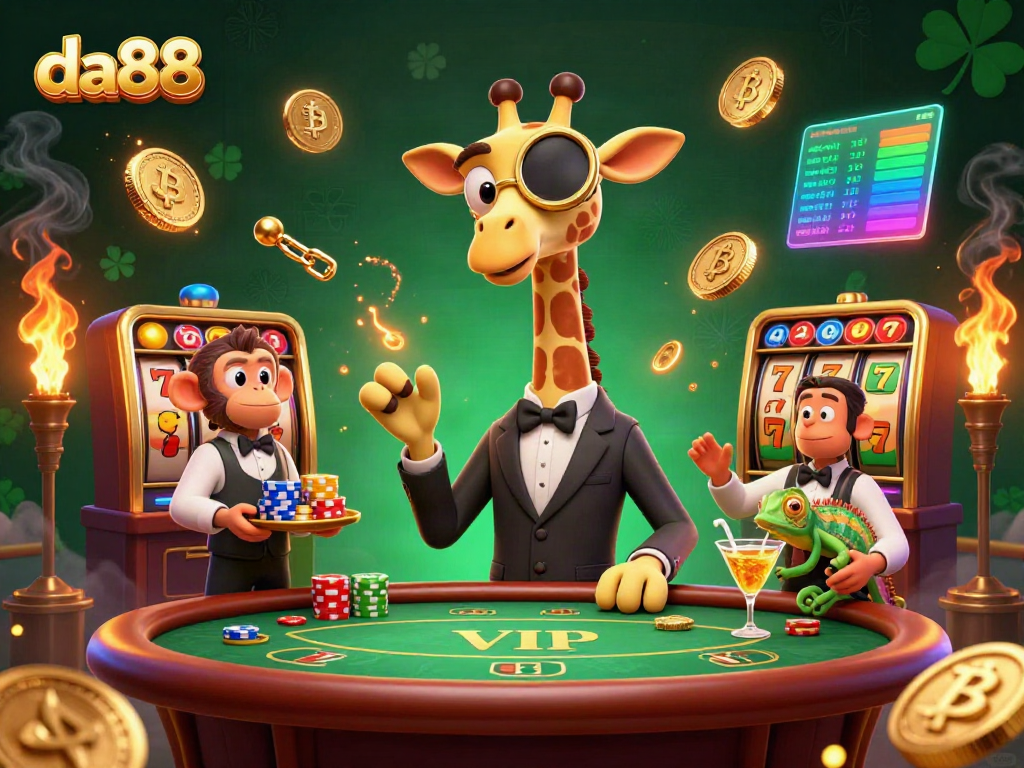 Experience the excitement at da88 with a high-roller giraffe enjoying slots and cocktails in a vibrant casino scene.