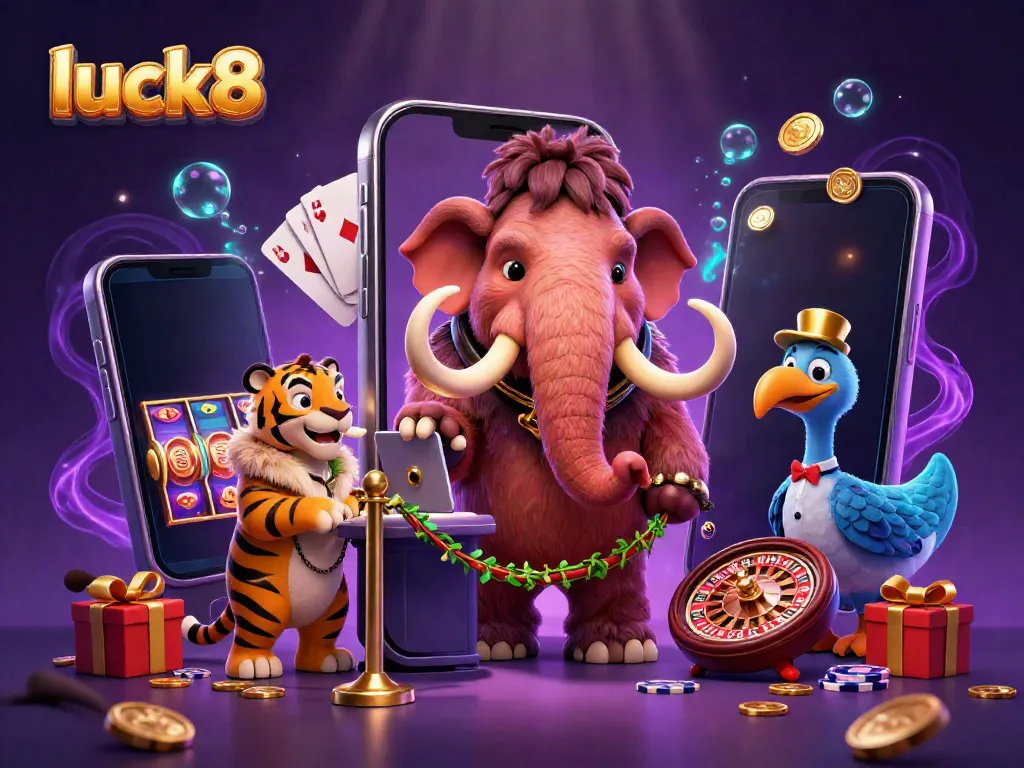 Engage with luck8's vibrant casino world featuring dynamic characters and a colorful slot game.