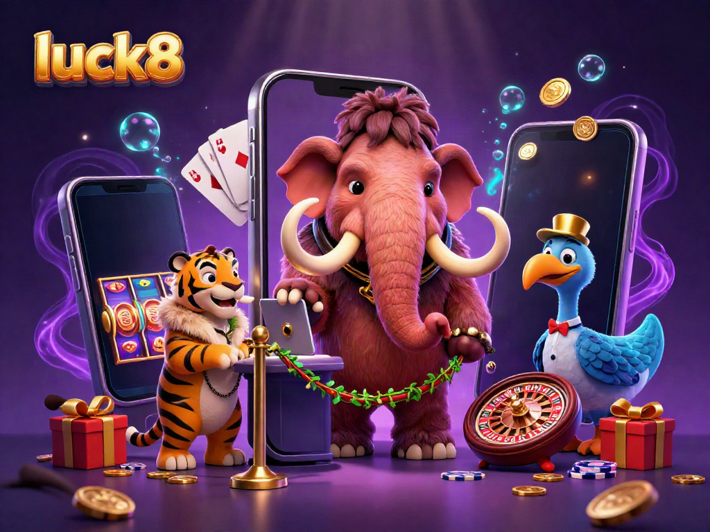 Engage with luck8's vibrant casino world featuring dynamic characters and a colorful slot game.
