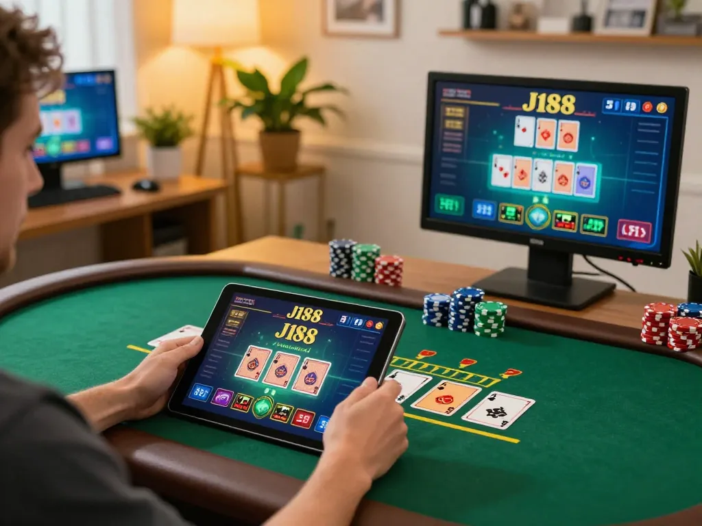 Engage with J188's online blackjack game on a tablet in a cozy home setting.