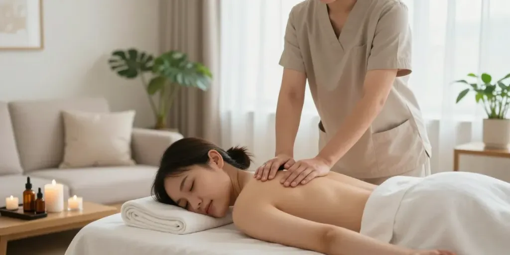 A tranquil home massage scene depicting a skilled therapist providing a 산본출장안마 service in a cozy, well-lit living room.