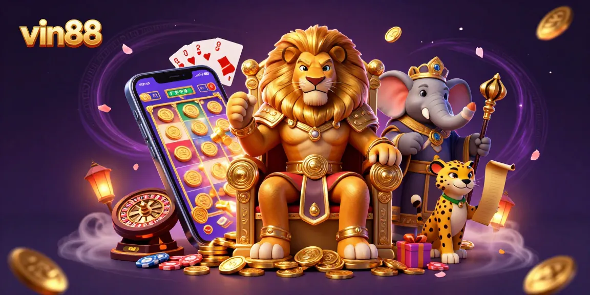 Experience the excitement of vin88 through this dynamic casino-themed illustration featuring iconic gaming elements.