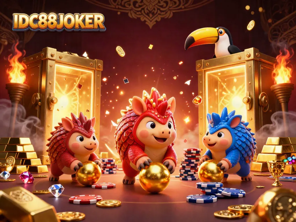 Experience thrilling gameplay with IDC88JOKER featuring dynamic pangolins competing amidst sparkling treasures and poker chips.