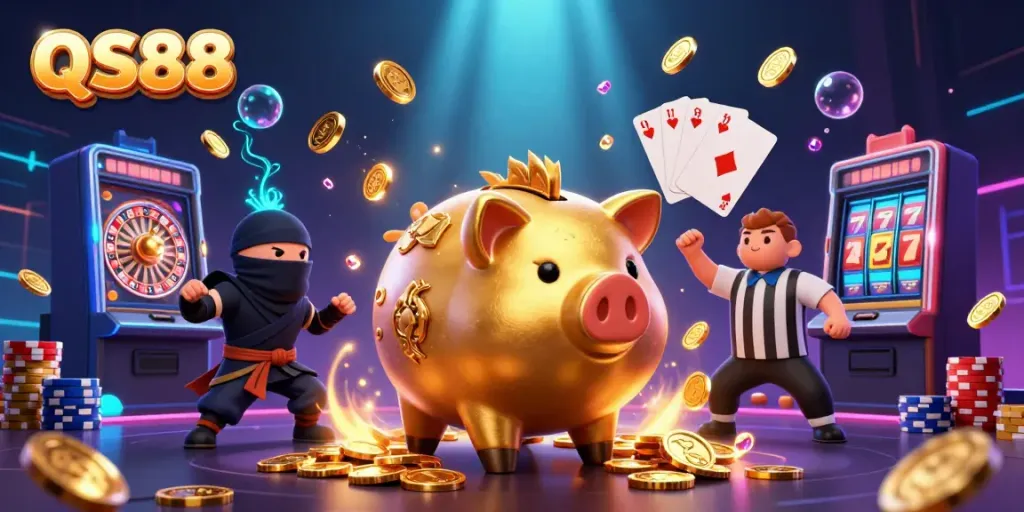 Experience the thrilling world of QS88 with dynamic 3D casino characters and elements, capturing the excitement of winning.