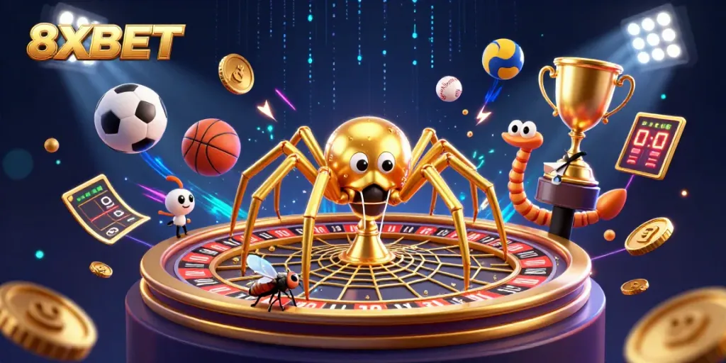 8XBET features a dynamic gaming scene with characters and elements portraying online betting excitement.