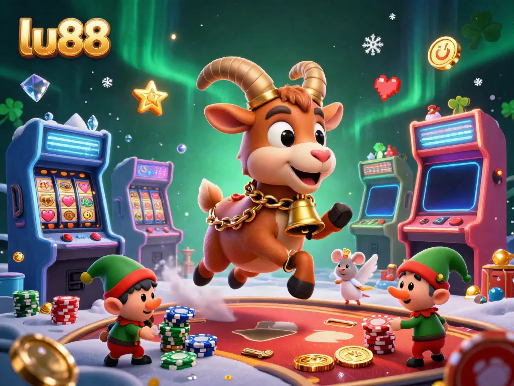 Join the fun at lu88 where a festive Krampus oversees a lively casino with elf gremlins stealing the spotlight!