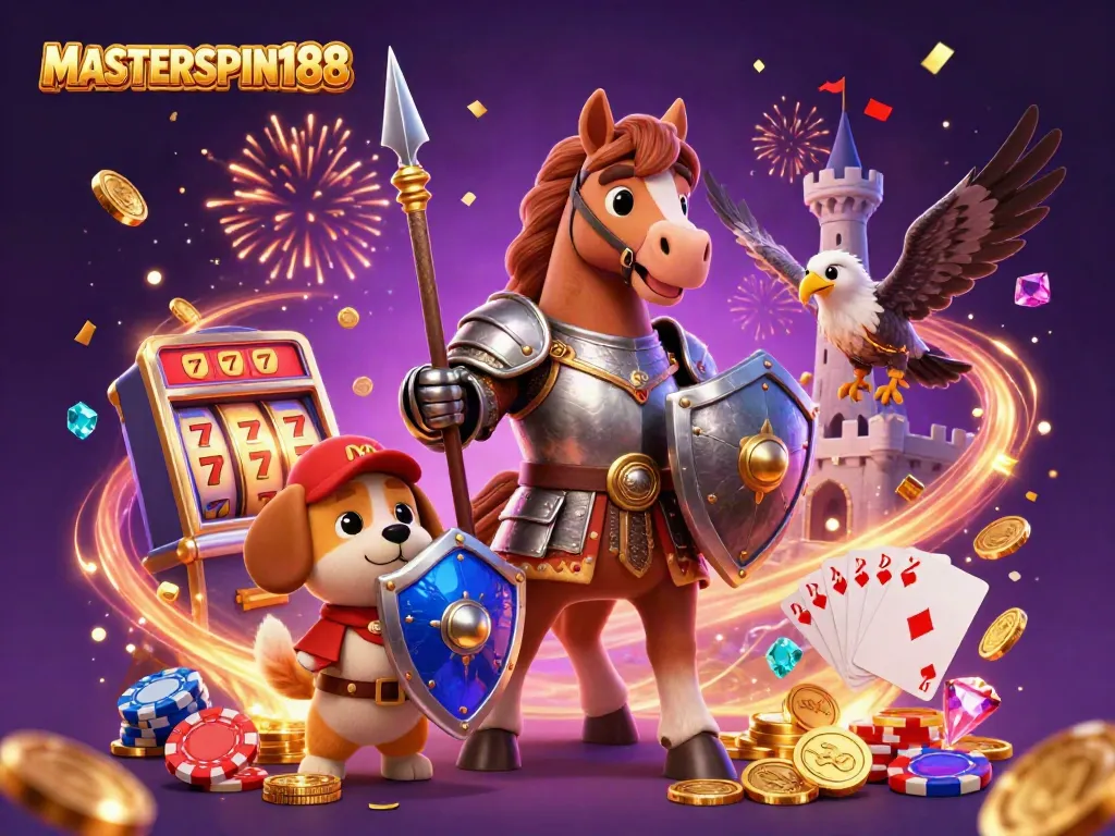 Experience the thrill of slots with MASTERSPIN188 illustrated by a knight, puppy, and falcon amidst gold coins.