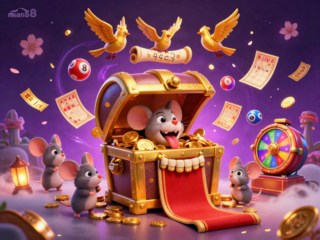 Join the exciting world of man88 with a treasure chest and colorful lottery elements in a dynamic casino scene.