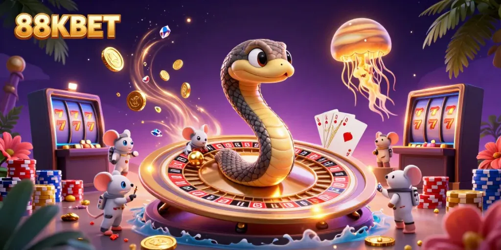 Experience the thrill of 88KBET with vibrant 3D illustration depicting a casino atmosphere.