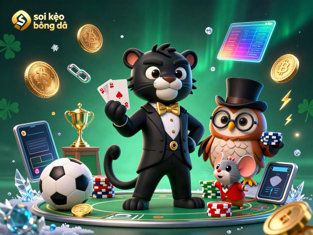 Bet on soi kèo bóng đá with our illustrated panther dealer, owl, and lucky mouse, showcasing sports betting excitement.