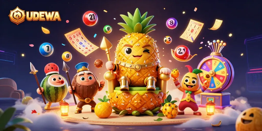 Experience exciting gameplay at UGDEWA with vibrant lottery balls, a pineapple king, and dynamic gambling features.