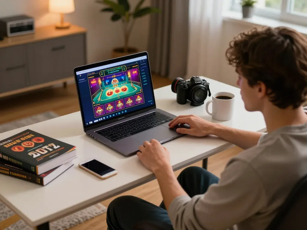 A person engaging in online casino gaming at nhà cái uy tín nhất hiện nay, focused on their laptop while enjoying a cozy atmosphere.