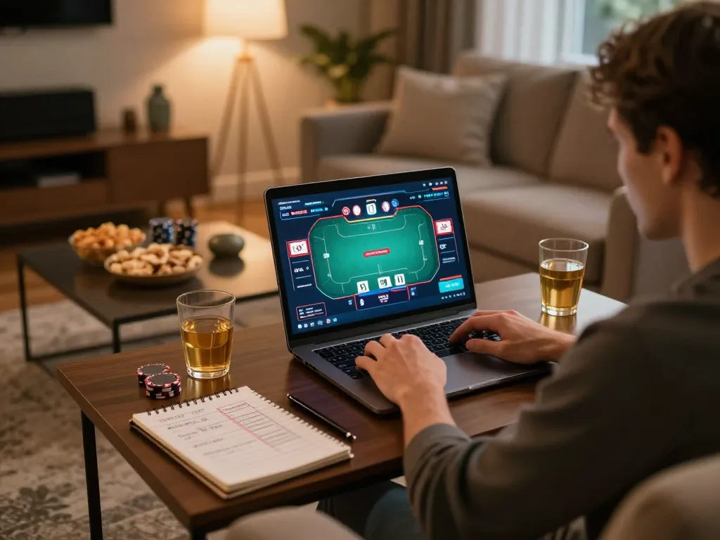 Engaging poker gameplay with vip66 online casino platform in a cozy living room setting.