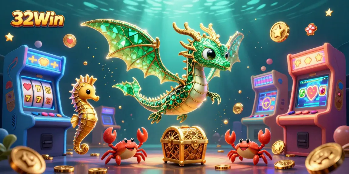 Engage with thrilling gameplay at 32Win with vibrant 3D casino adventure featuring slot machines, treasure, and unique sea characters.