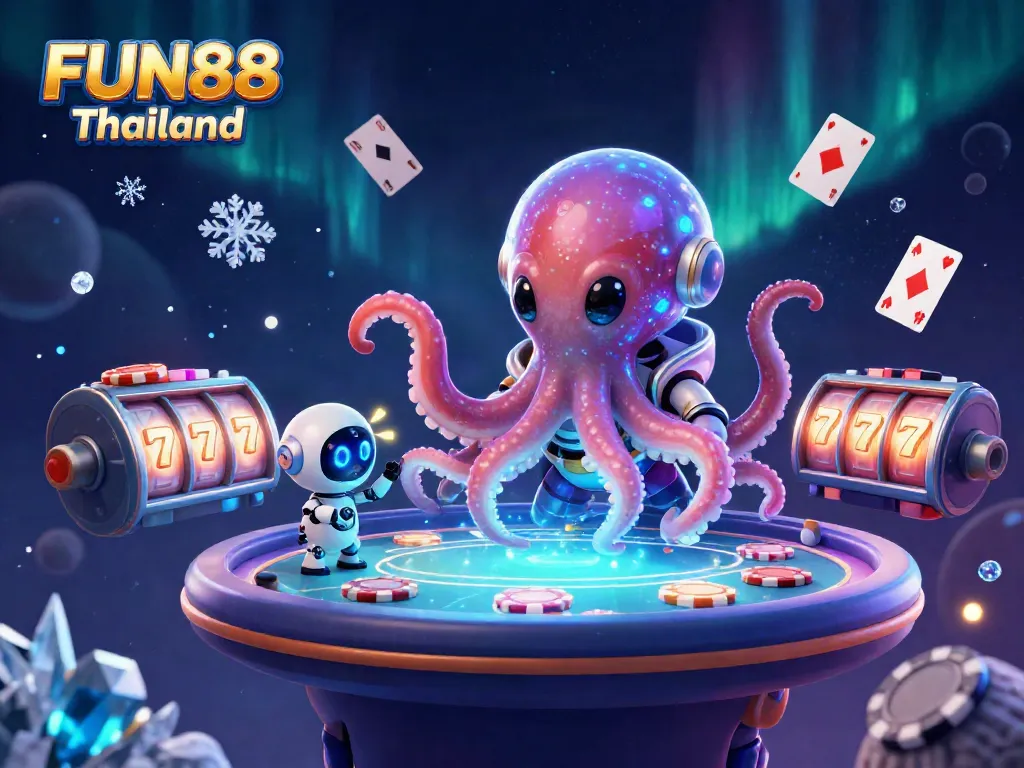 Join the fun at FUN88 Thailand with an alien octopus dealer surrounded by vibrant casino elements.