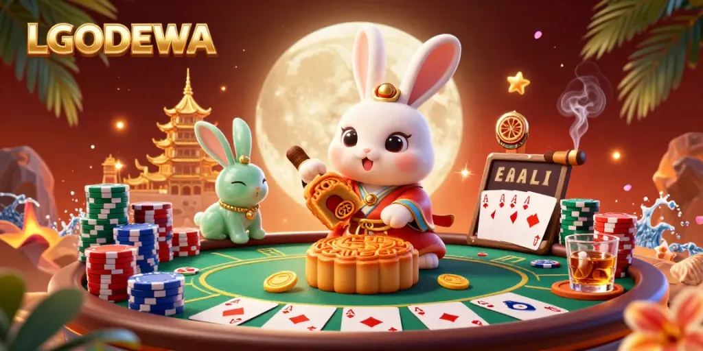 Experience the thrill of LGODEWA with a vibrant 3D casino scene featuring playful moon rabbits and poker elements.