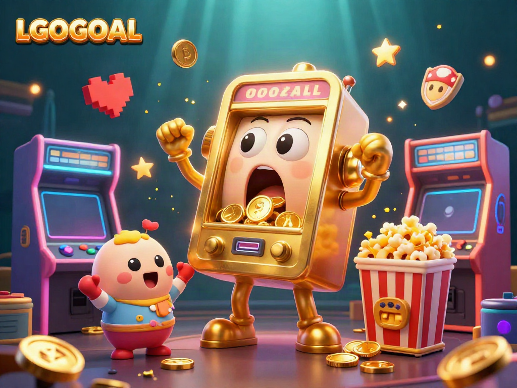 Experience the excitement of LGOGOAL with a vibrant illustration of a golden slot machine winning a jackpot.
