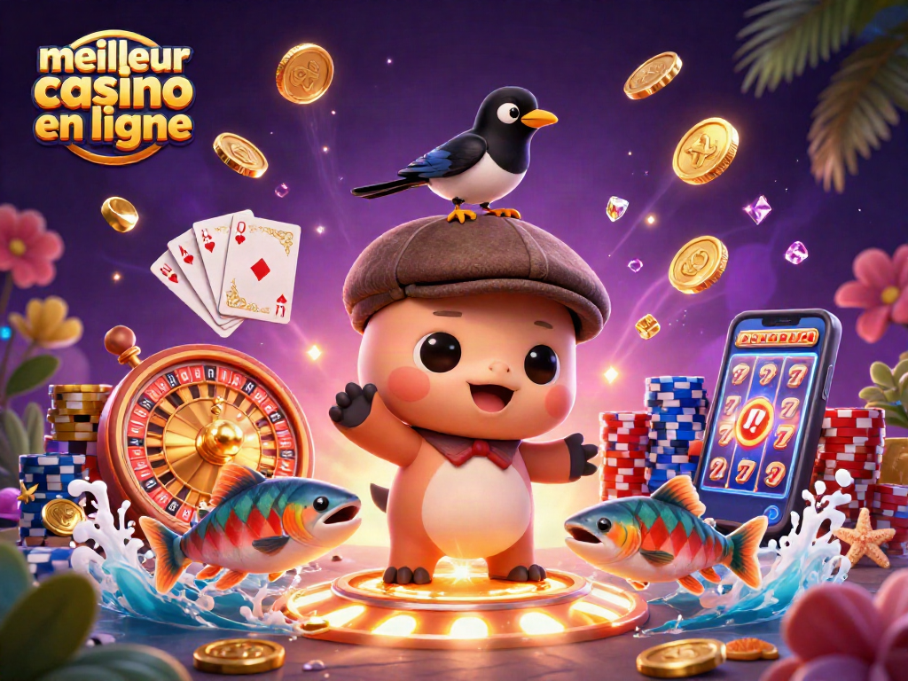 Découvrez le meilleur casino en ligne avec des personnages en scène autour de machines à sous et de jeux de cartes.