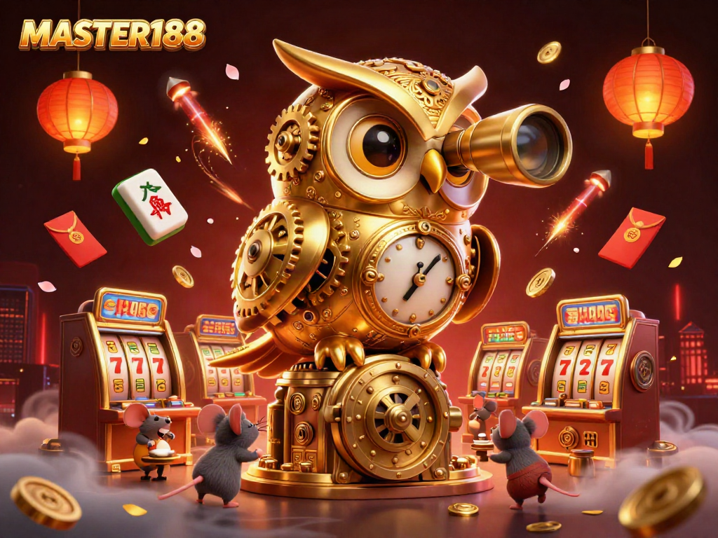 Experience the excitement at MASTER188 with a vibrant casino scene filled with whimsical characters and rich elements.