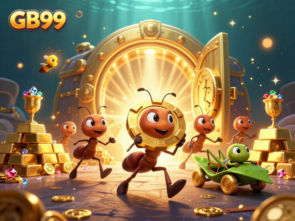 GB99 ants heisting a giant poker chip in a vibrant underground treasure scene.