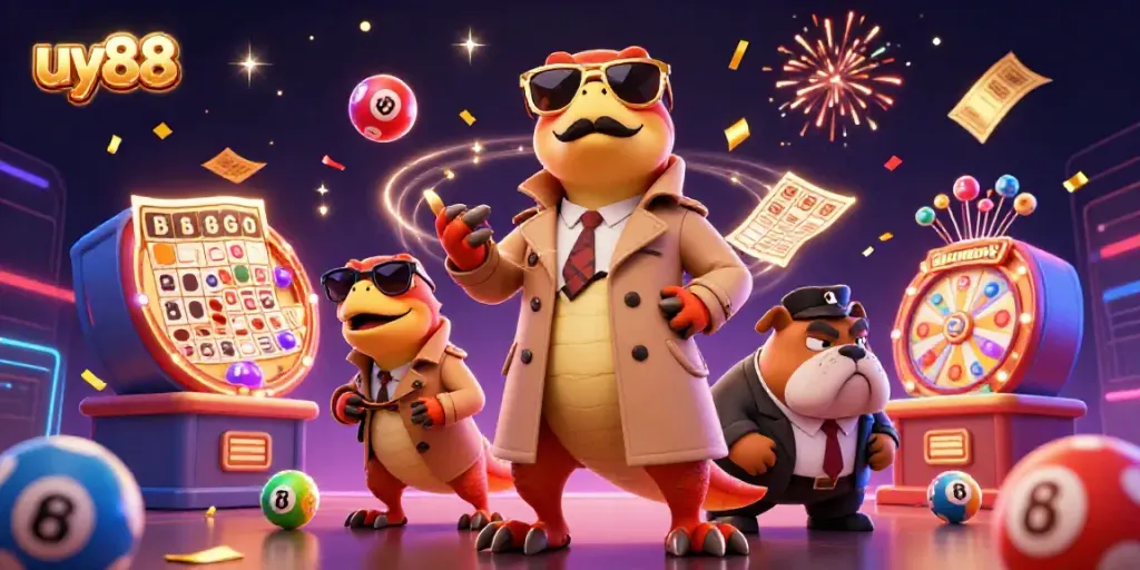 Enjoy the thrilling experience at uy88, featuring humorous raptors entering a VIP lounge with lottery elements.