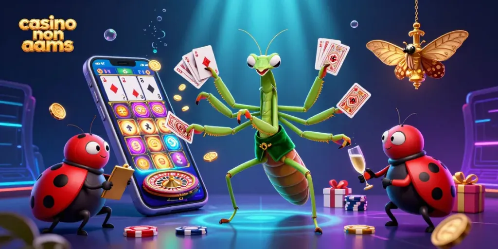 I casinò non AAMS offrono giochi emozionanti, rappresentati da un mantide gigante che distribuisce carte e una coccinella in un ambiente vibrante.